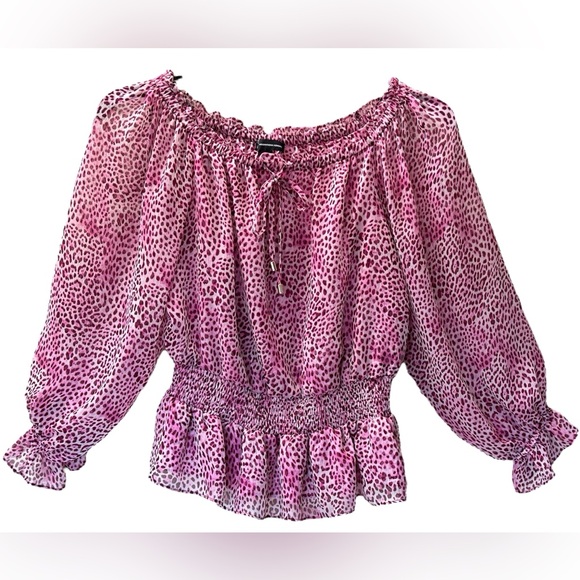 NWOT INC International Concepts Pink Leopard On/Off Shoulder Peplum Blouse Sz M - Picture 2 of 10
